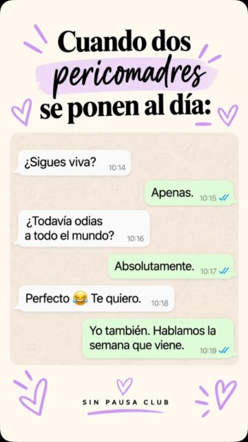 😂😂 ¡Así somos las pericomadres!

No necesitamos hablar todos los días, ni contarnos la vida entera. Con un «¿sigues viva?» ya sabemos cómo va la cosa. 🤣

Porque hay amistades que sobreviven a los cambios hormonales, al mal humor, al cansancio y a las ganas de mandar a todo el mundo bien lejos. 😂

Etiqueta a esa pericomadre con la que puedes ser tú misma, sin filtros y sin explicaciones. 💜

#Pericomadres #SinPausaClub #AmistadEntreMujeres #HumorFemenino #Perimenopausia AmigasDeVerdad